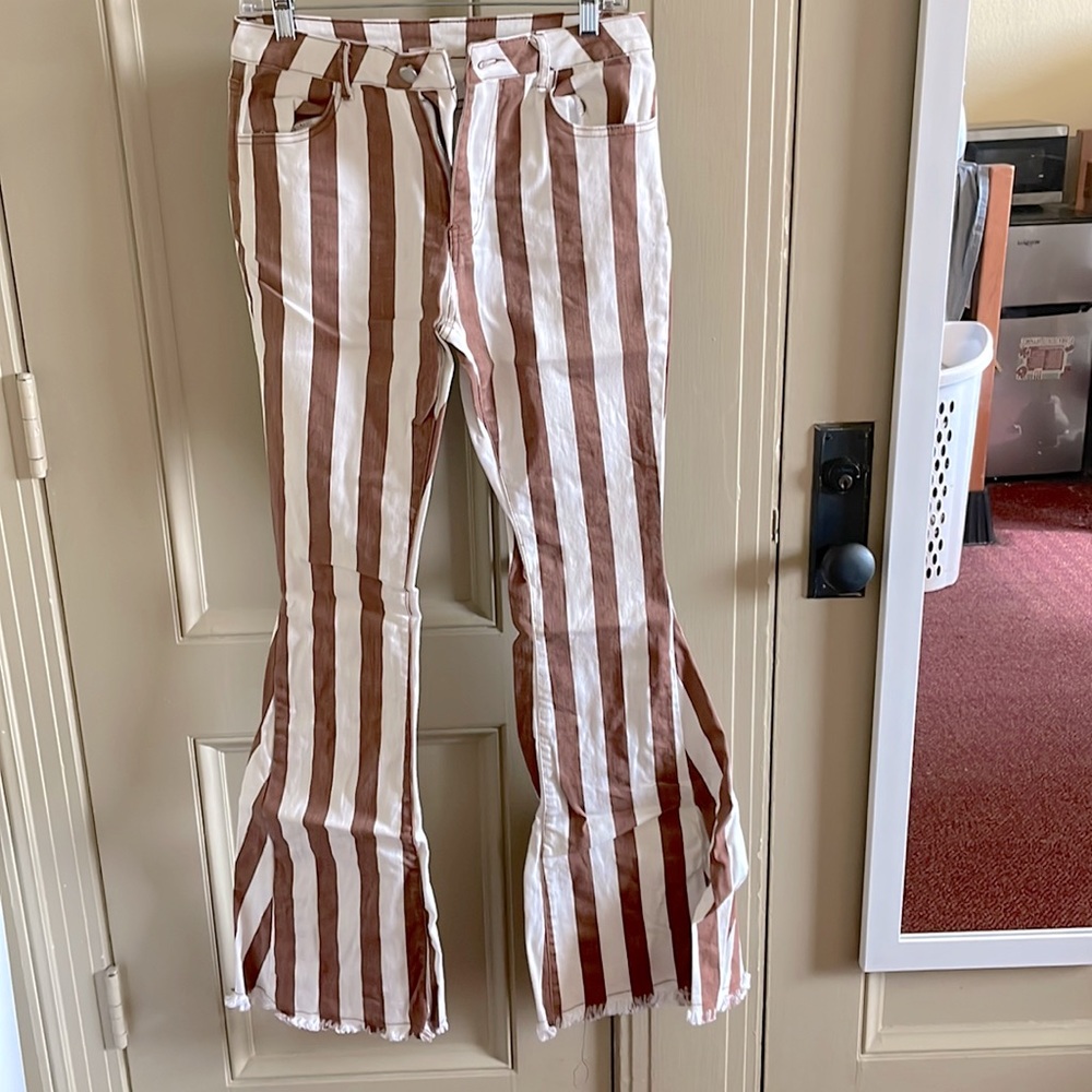 Brown and white striped flares/bell bottom jeans